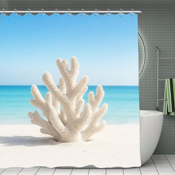 White Coral Beach Print Shower Curtain,Modern Fabric Waterproof Shower Curtain Set with Hooks,70.8×70.8Inch