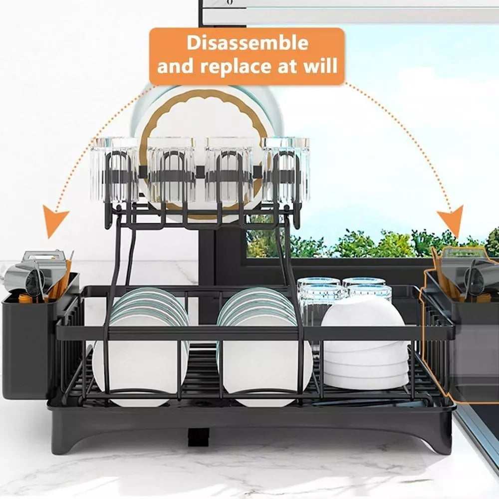 2-Tier Kitchen Dish Drying Rack with Drain Board, Carbon Steel Utensil Holder, Space-Saving Design for Plates, Cups & Cutlery
