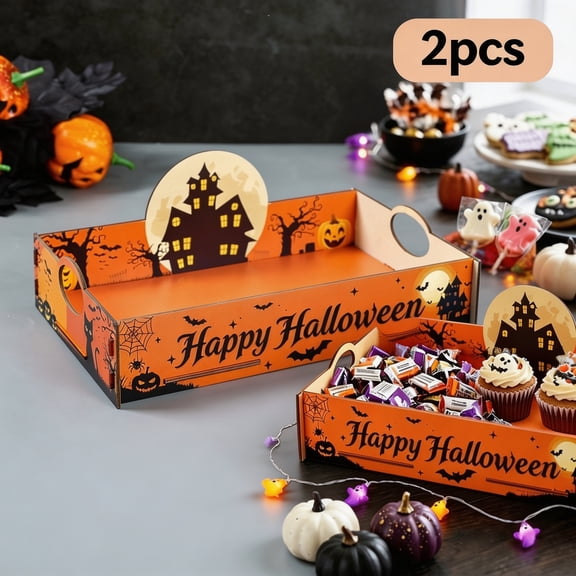 Halloween Wooden Serving Tray Set of 2, 9.37x6.54x3.66 Inch Pumpkin Castle Candy Tray for Halloween Party Table Decor