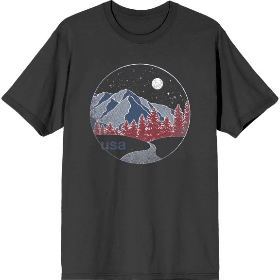 Americana Mountains and Trees Line Adult Charcoal Crew Neck Short Sleeve Tee-Medium