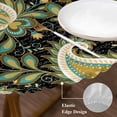 thumbnail image 5 of Black Teal Boho Botanical Fitted Tablecloth with Elastic Edged, Round Table Cloth for Dining Table, Southwestern Retro Ethnic Tribal Waterproof Oil Proof Table Cover for Indoor Outdoor 45"-54", 5 of 9