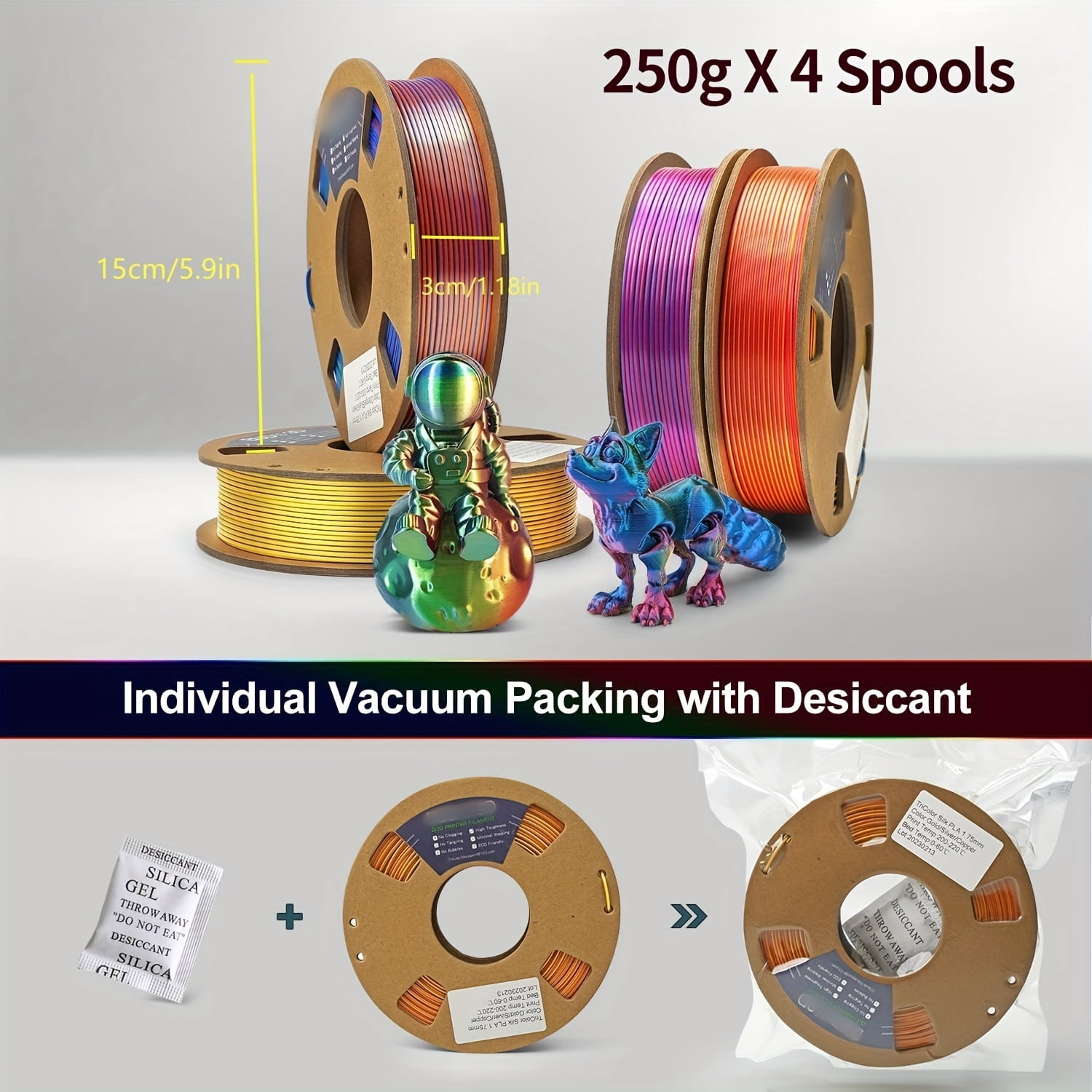 0.55LB x 4 PLA Filament 1.75mm, Tri-Colors 3D Printer Filament, Rainbow PLA Filament Bundle, Coextrusion 3D Filament with PLA Color Change, 250g X 4 Spool, Total 1kg/ 2.2lbs