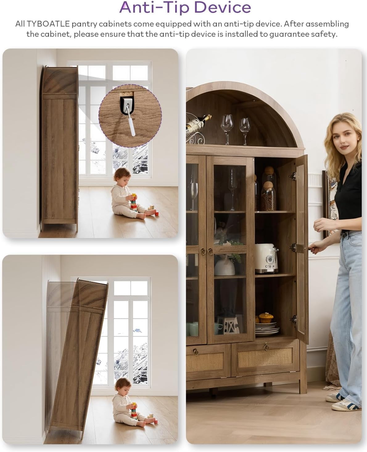 LAZZO 75" Arched Pantry Cabinet with Glass Doors, Rattan Drawers and Anti-Tipping Storage Cupboard for Kitchen and Living Room, Natural Wood