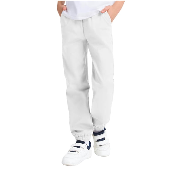 SERTG Boys Kids Solid Work Pants Elastic Waist Drawstring Cuffed Side Pockets Fall Winter Casual Trousers Everyday Wear(White,4-5 Years)