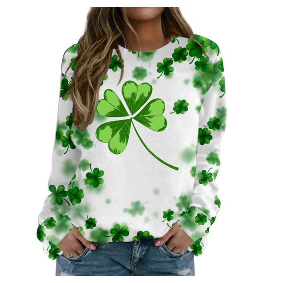 YueHuiYing Women's Oversized Hoodless Long-Sleeve Crewneck Sweatshirt with Clover and Green Leaf Print - St. Patrick's Day Comfort Top