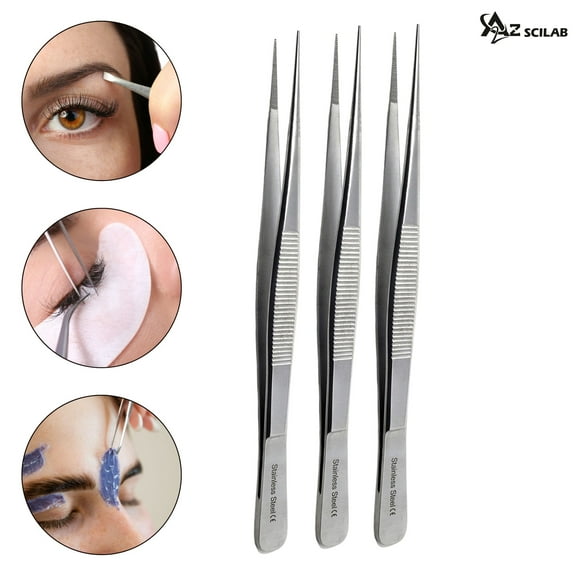A2ZSCILAB Pro Diamond Tweezers, Stainless Steel Grooved, Fine Point, 5.5 Inches, 3 Pcs