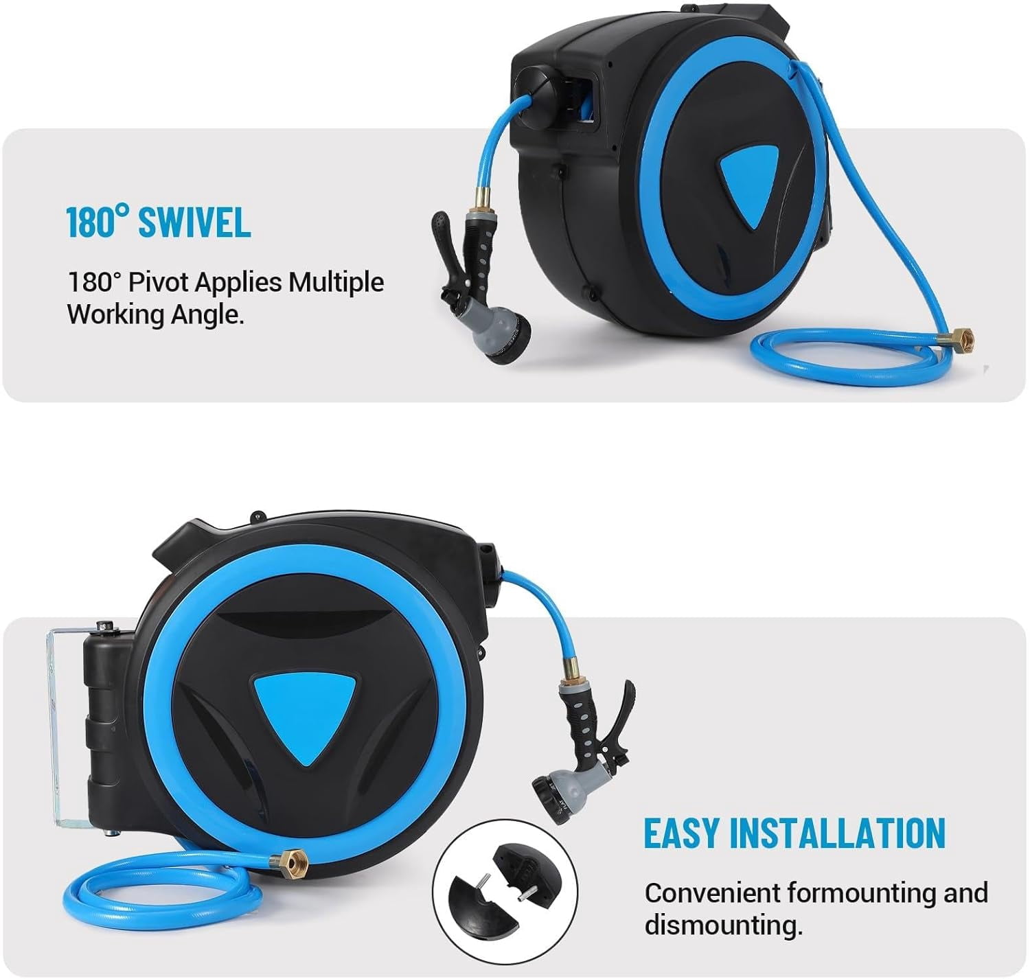 Retractable Garden Hose Reel - 5/8" x 65ft, Wall Mounted, 180° Swivel Bracket, 9-Design Nozzle, Any Length Lock, Auto Rewind, Tangle-Free - Flexible Water Hose for Lawn & Patio