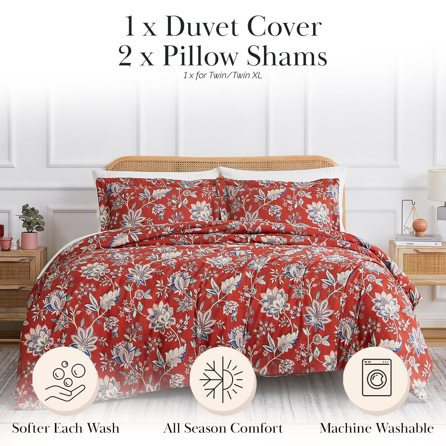 Southshore Fine Living, Inc. Jacobean Willow Collection Oversized King Duvet Cover Set, Floral Duvet Cover 3-Piece, Two Matching Shams (108 in Wide x 98 in Long), red, King/California King