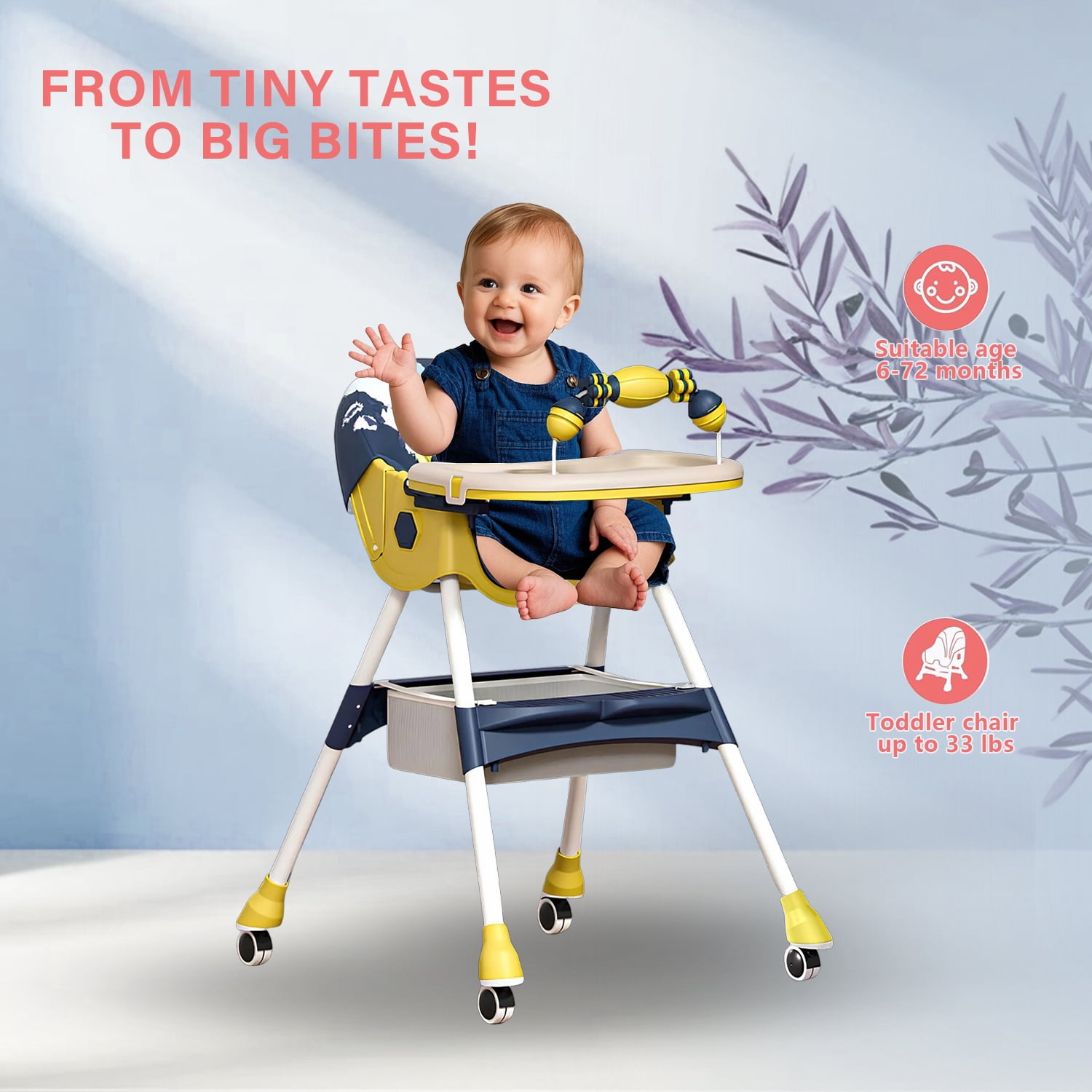 KFeng 4-in-1 Foldable Baby High Chair,Combines Play and Dining,Adjustable Dual-layer Tray and Backrest,Yellow&Blue