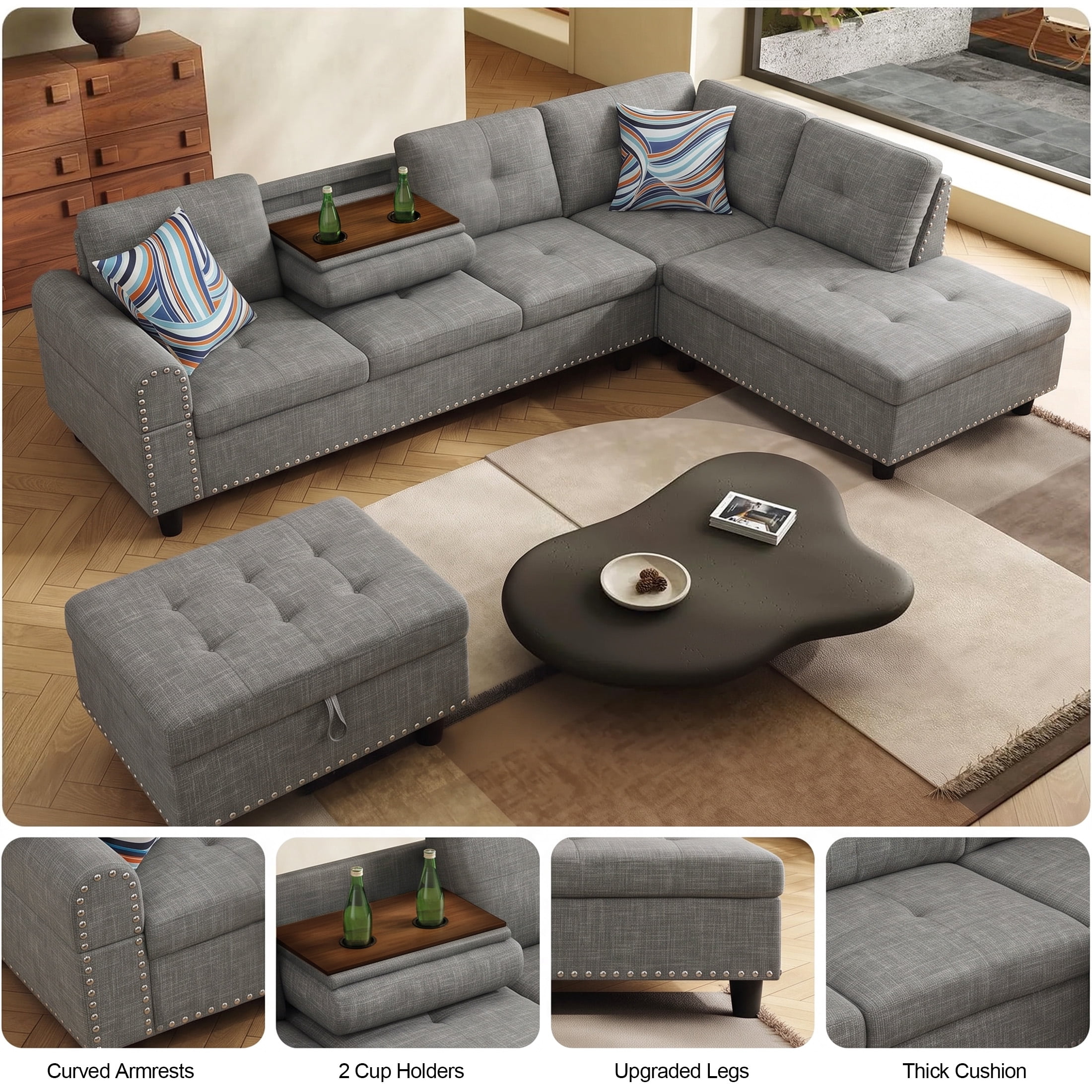 AENKYO 98" L-Shaped Sectional Sofa with Reversible Chaise, Storage Ottoman & Cup Holders, Linen, Gray