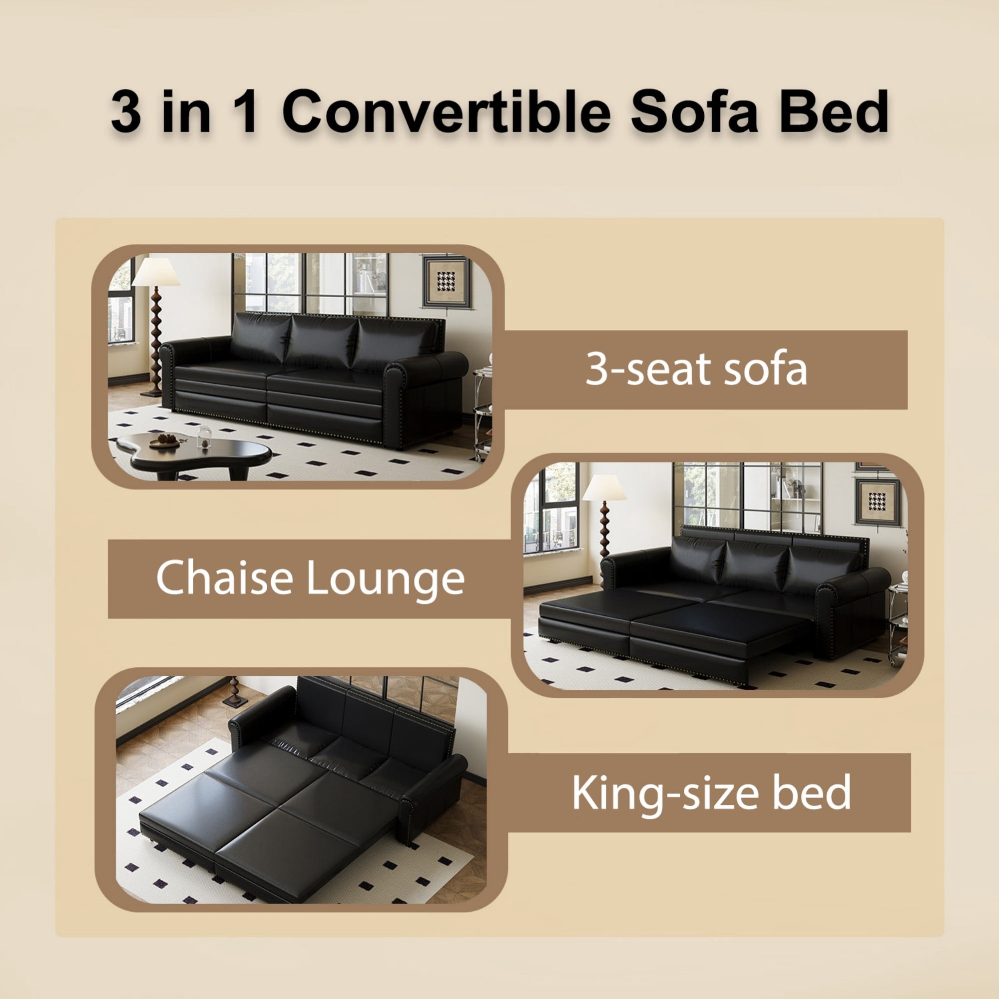 Aukfa 93.7" King Pull Out Sofa Bed, Faux Leather 3-in-1 Convertible Chesterfield Sleeper Sofa Couch with Nailhead Trim & Rolled Arms, Black