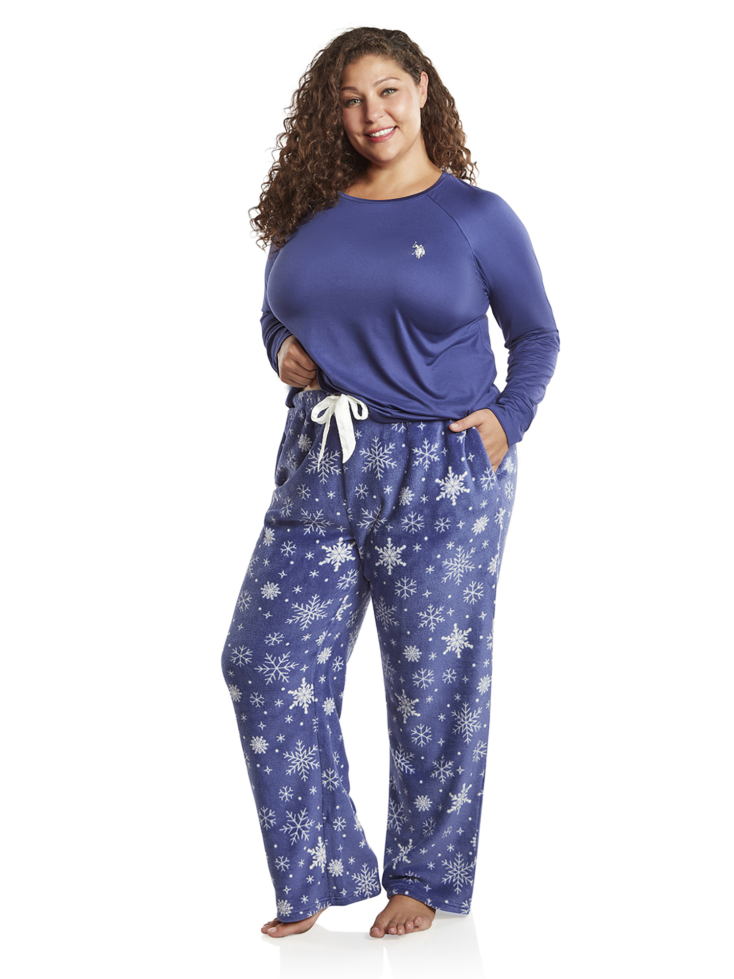 U.S. Polo Assn. Women's Holiday Giftable Long Sleeve Top and Plush Pant Pajama Sleep Set, 2-Piece, Sizes S-3X