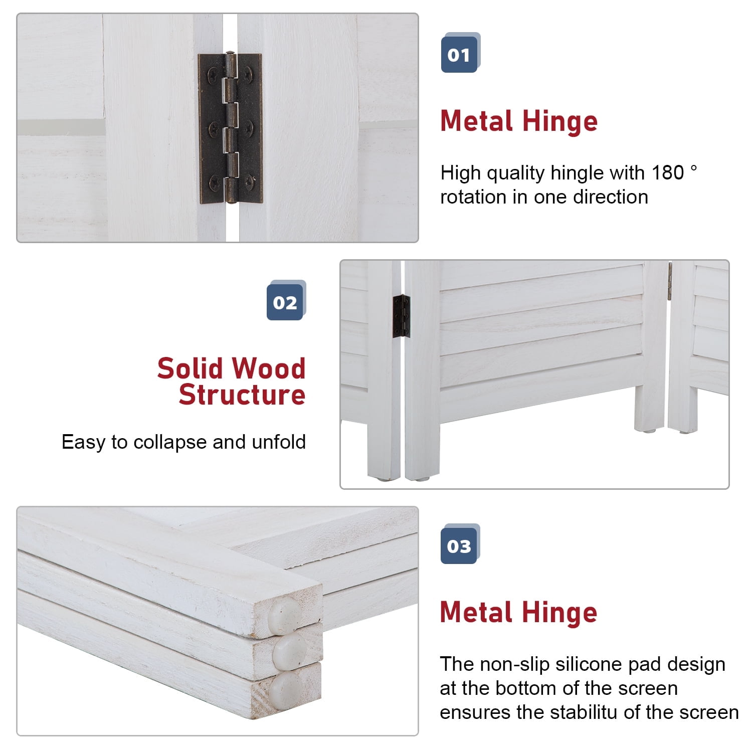 FDW 3-Panel Room Divider White Foldable Wooden Screen for Home Office Bedroom Restaurant 67.7" x 16.9"(Each Panel),White