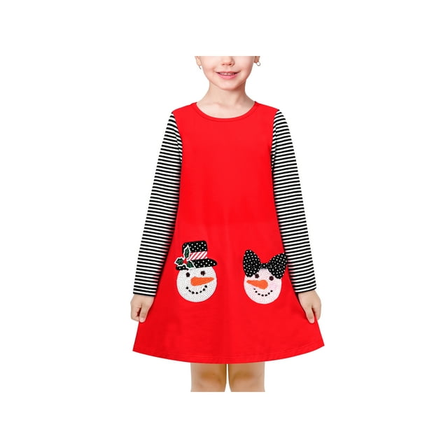 Vestido de Niña Camisa Roja Larga Snowman a Rayas Navidad Casual Algodón Comodidad 3 Años