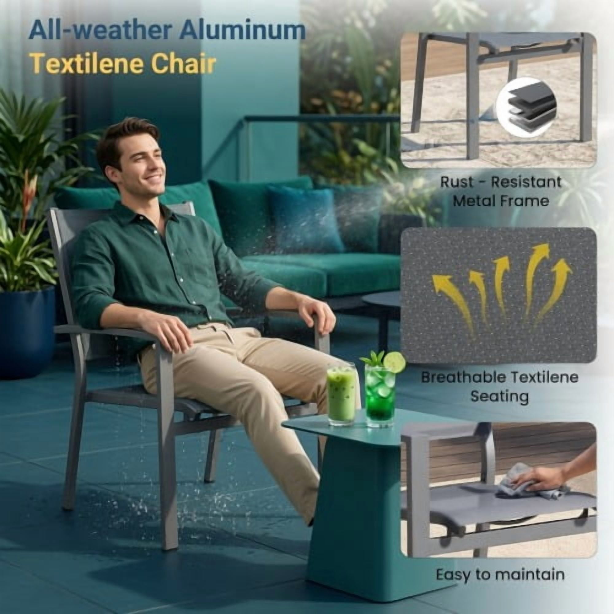 Set of 6 Heavy-Duty Metal Grey Outdoor Patio Chairs with All-Weather Textilene Mesh – 350 lbs Capacity
