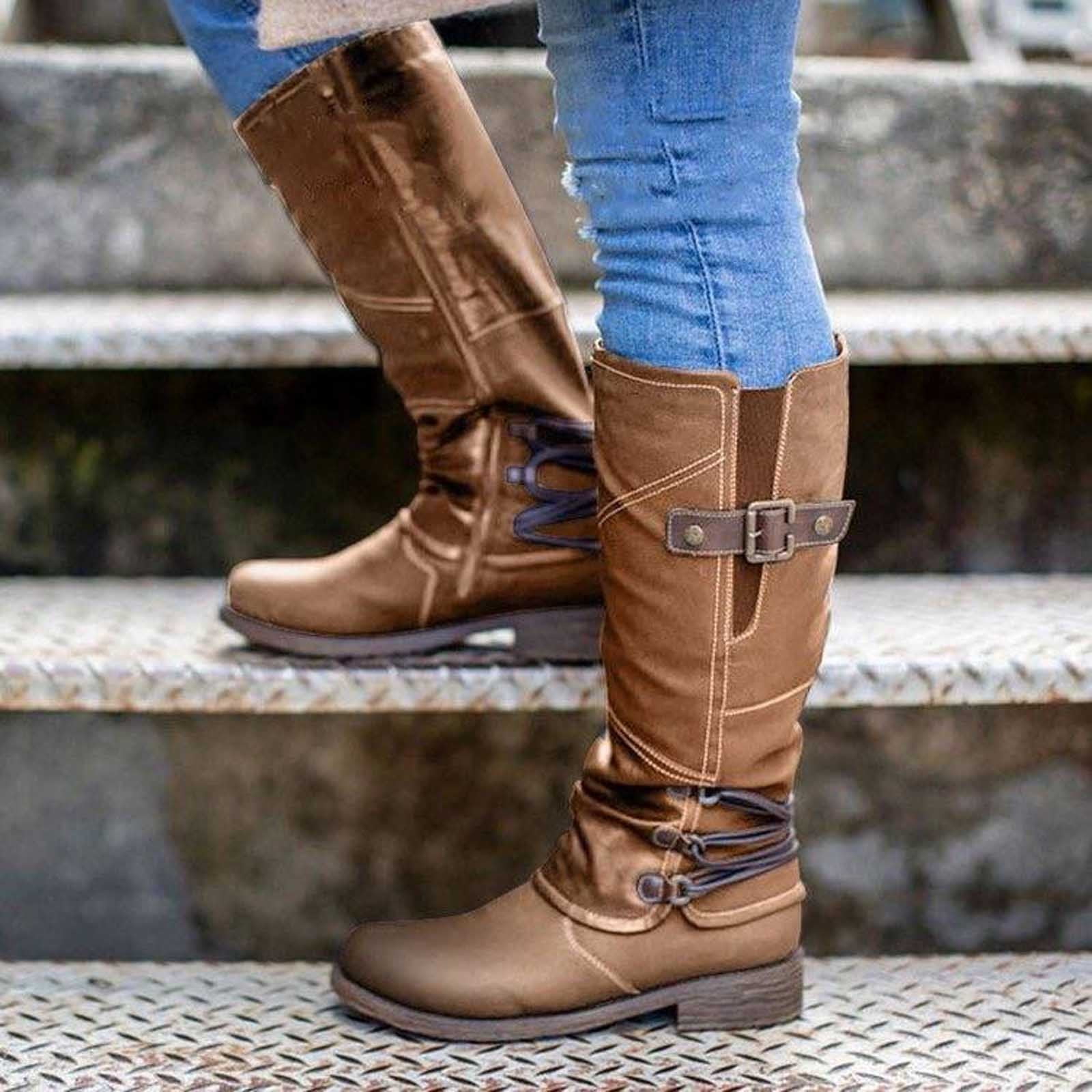 Instituut Masaccio Ver weg S LUKKC LUKKC Valentine's Day Gifts! Knee High Boots for Women, Low Block  Chunky Heel Riding Boots with Buckle Round Toe Side Zipper Flat Booties  Fall Winter Casual Outdoor Comfort Shoes -