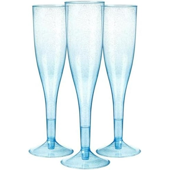 Blue Glitter Plastic Blue Wine Glasses 30 Pack, Champagne Flutes Disposable for Valentine's Day,Plastic Champagne Flutes,Mimosa Bar Glasses