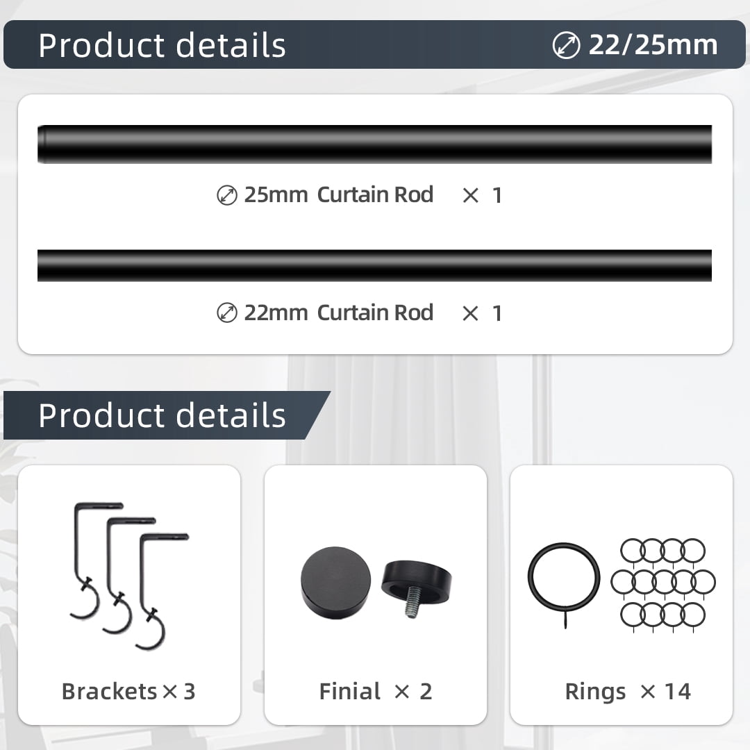Coquilles Modern Adjustable Curtain Rods 1 Inch Diameter, Black with Cap Finials, 28-48 Inches