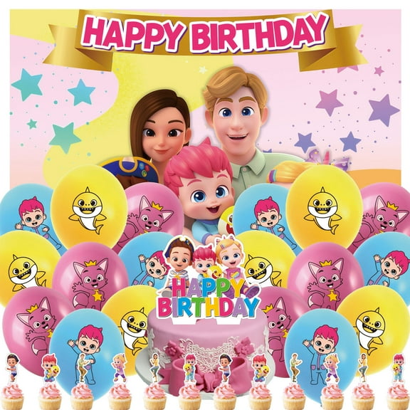 32 PCS For Song Enlightenment Cartoon Themed Birthday Party Decoration, Includes Backdrop, Cake Topper, 18 Balloons, and 12 Cupcake Toppers Party Supplies for Festive Celebrations