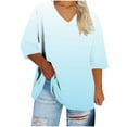 thumbnail image 2 of Tops for Women 3/4 Sleeve Gradient V-neck Printed T-shirt Plus Size Loose Blouse Light Blue L, 2 of 5