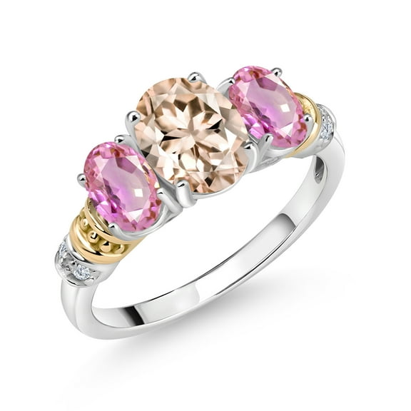 Gem Stone King 925 Sterling Silver and 10K Yellow Gold Oval Peach Morganite Pink Sapphire and White Diamond 3 Stone Ring for Women (2.23 Cttw, Gemstone October Birthstone, Size 5)