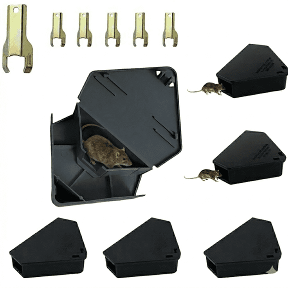 Protective Mouse Traps Box 6 Pack, Secure Locking Mouse Station Enclosure, Child & Pet Resistant Plastic Cases for Indoor & Outdoor, Black