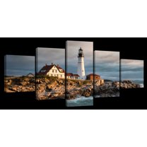 Elephant Stock Portland Head Lighthouse In Maine At Sunrise Wall Art - Horizontal Multi Panel - Living Room Wall Decor - Nautical Multi Panel - Blue And Beige Decor By Scott Stulberg - 55" X 24"