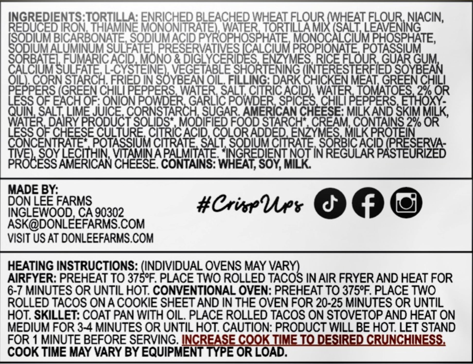 Don Lee Farms CrispUps Chicken & Cheese Rolled Tacos, 12.60 oz