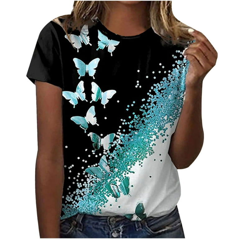 FAVIPT Women's Graphic T-Shirts,Summer Tshirts for Women 2024,Womens Graphic  Tees,Women's Short Sleeve Blouse Trendy Butterfly Print Basic Round Neck  Summer Tee Shirts 