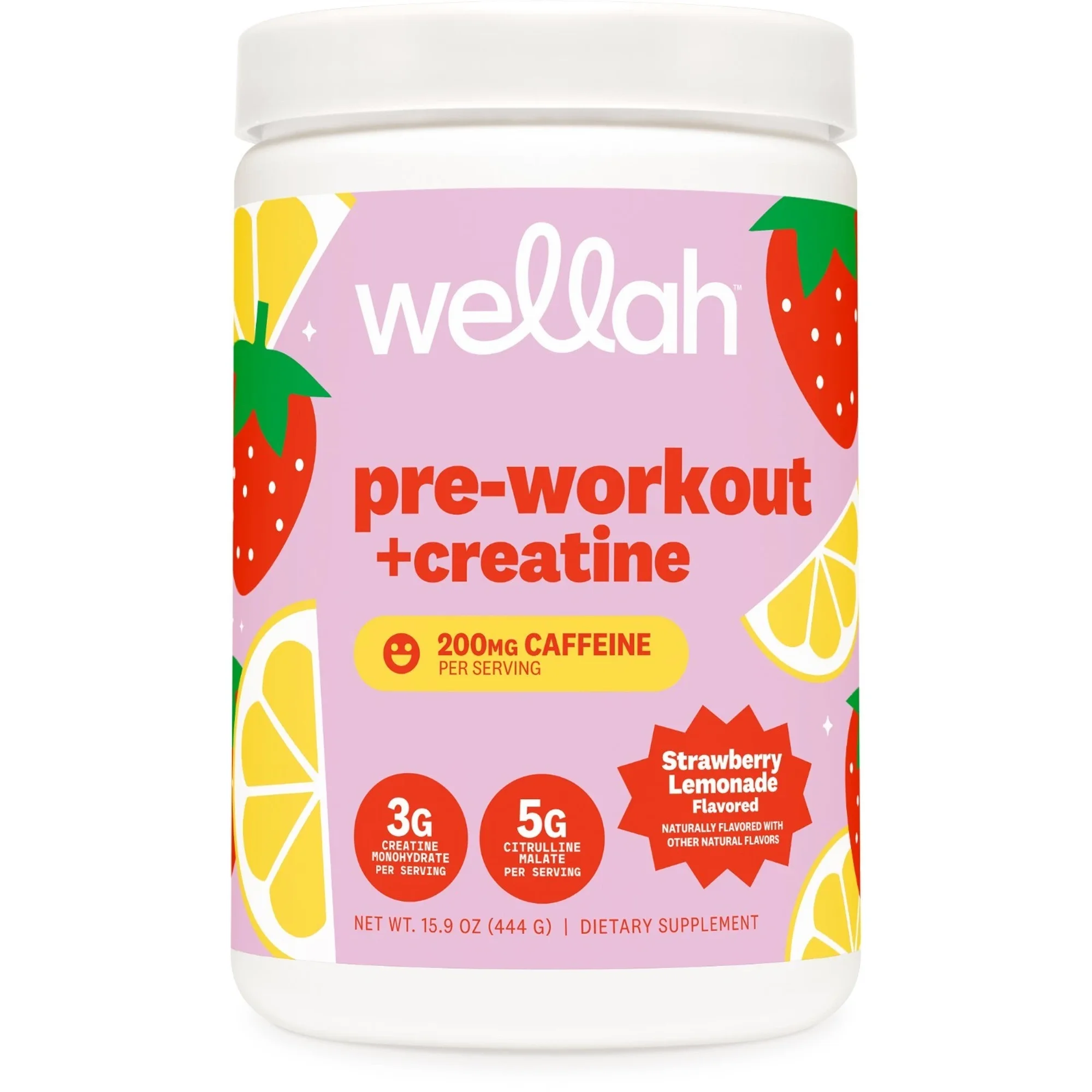 Wellah Pre-Workout + Creatine Powder (Strawberry Lemonade) 30 Servings | 200mg of Caffeine, 3g Creatine Monohydrate, 5g Citrulline Malate, Pre-Workout with Creatine Supplement