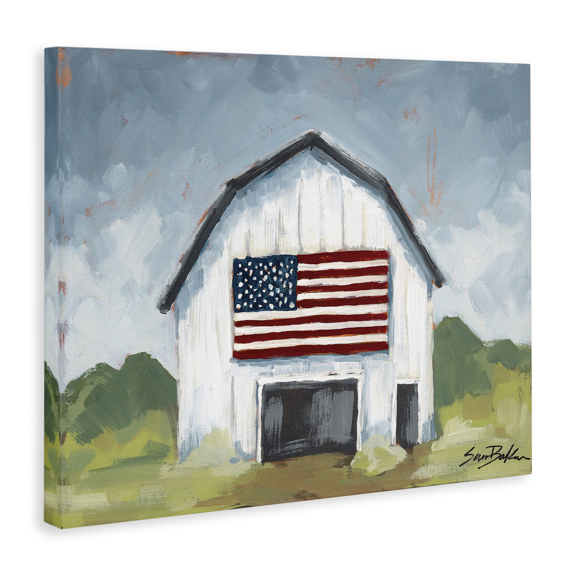 Stupell Industries Patriotic Country Barn Landscape & Nature Painting Wrapped Canvas Art Print Wall Art, 20 x 16