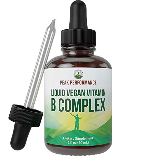 B Complex Liquid Drops Vegan Supplement. Best 5 B Vitamins with B3 Niacin, B6, B7 Biotin, B9