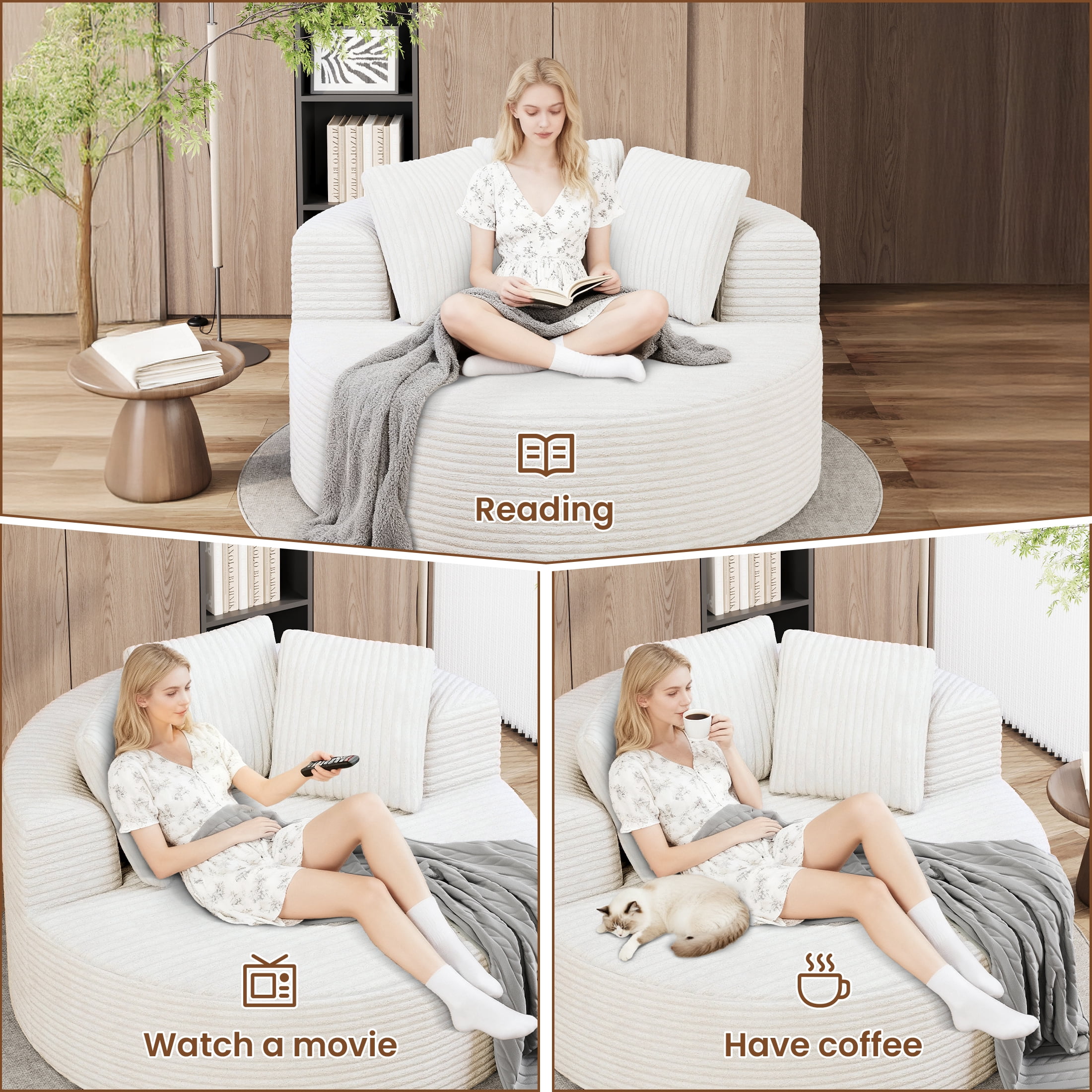 Magic Home Modern Lazy Sofa Foam Couch Sectional Sofa Togo Sofa Floor Sofa for Bedroom,Living Room,Apartment and Small Space,Single Seat Sofa,Beige