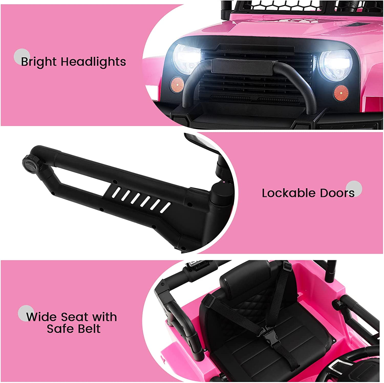 OLAKIDS Kids Ride On Truck, 12V Electric Vehicle Jeep Car with Remote Control, Toddlers Battery Powered Toy with 2 Speeds, Spring Suspension, Double Open Doors, LED Lights, Music, USB, Mp3 (Pink)