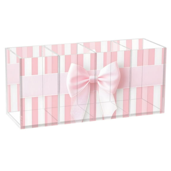 Pen Holder 4 Compartments Acrylic Pencil Cup Desktop Makeup Organizer Office Supplies Pink Ribbon Bow
