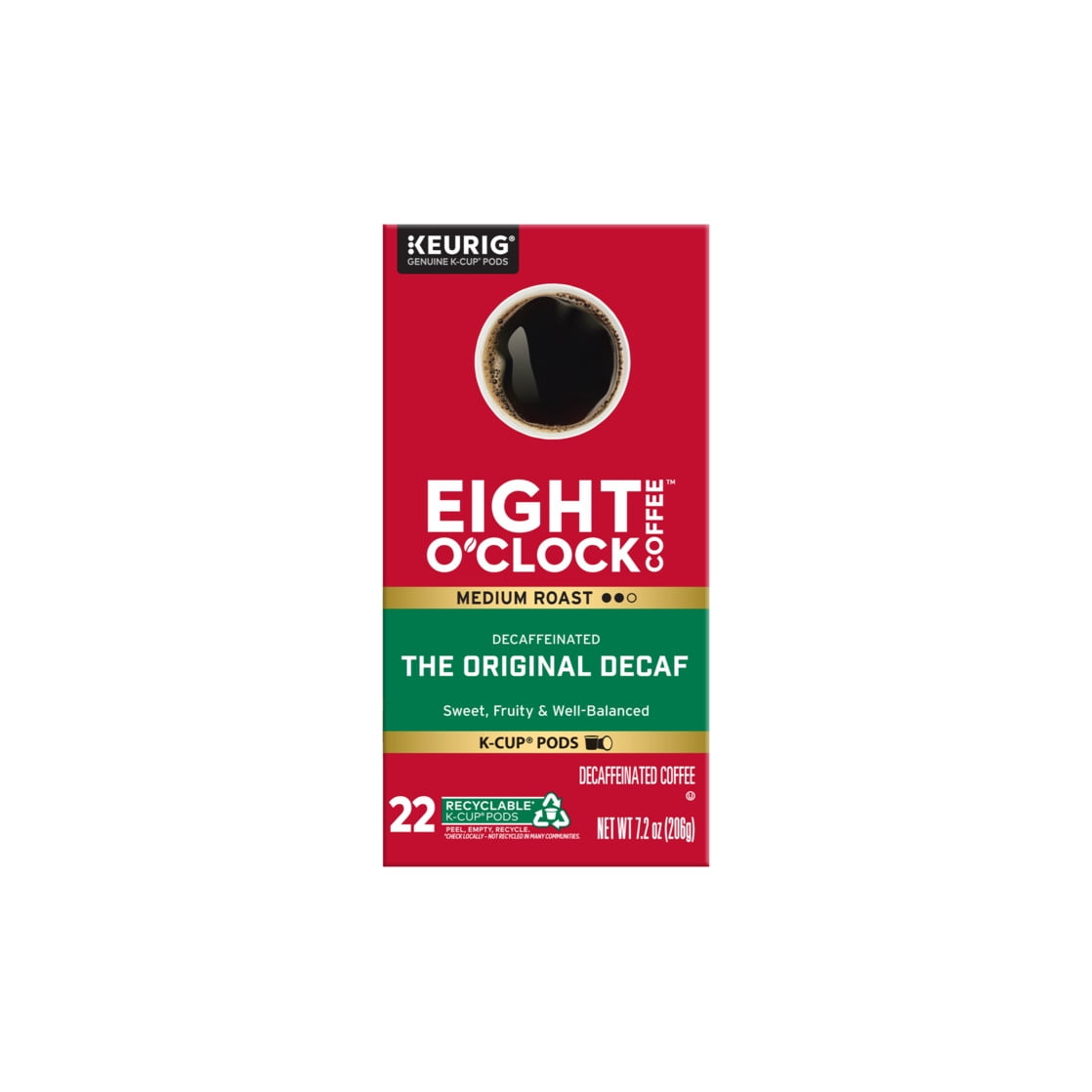 Eight O'Clock Original Decaf, Medium Roast Coffee, Keurig K-Cup Single Serve Coffee Pods, 22 Count