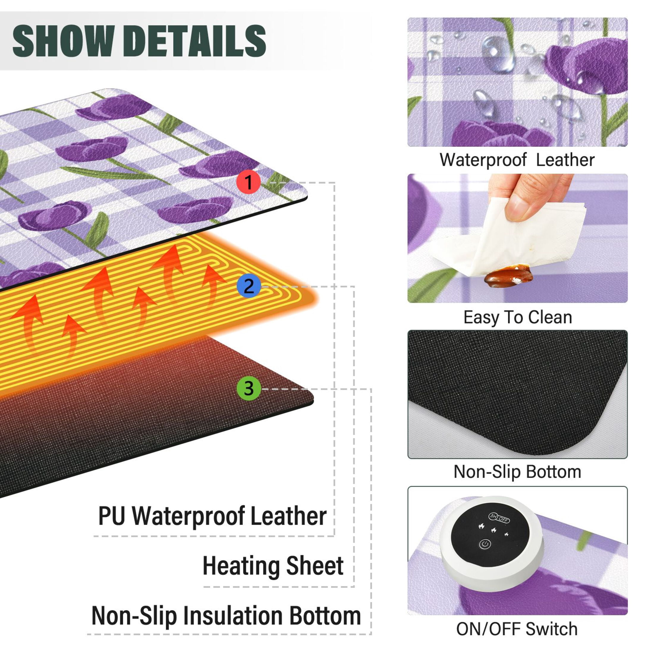 Large Heated Desk Mat Mouse Pad 31.5"x13"PU Leather Graphene Heating Desk Warmer with 3 Temperature Settings 110V US Plug Non-Slip Warm Pad for Home, Office, and Gaming Cute Cartoon Purple Tulips