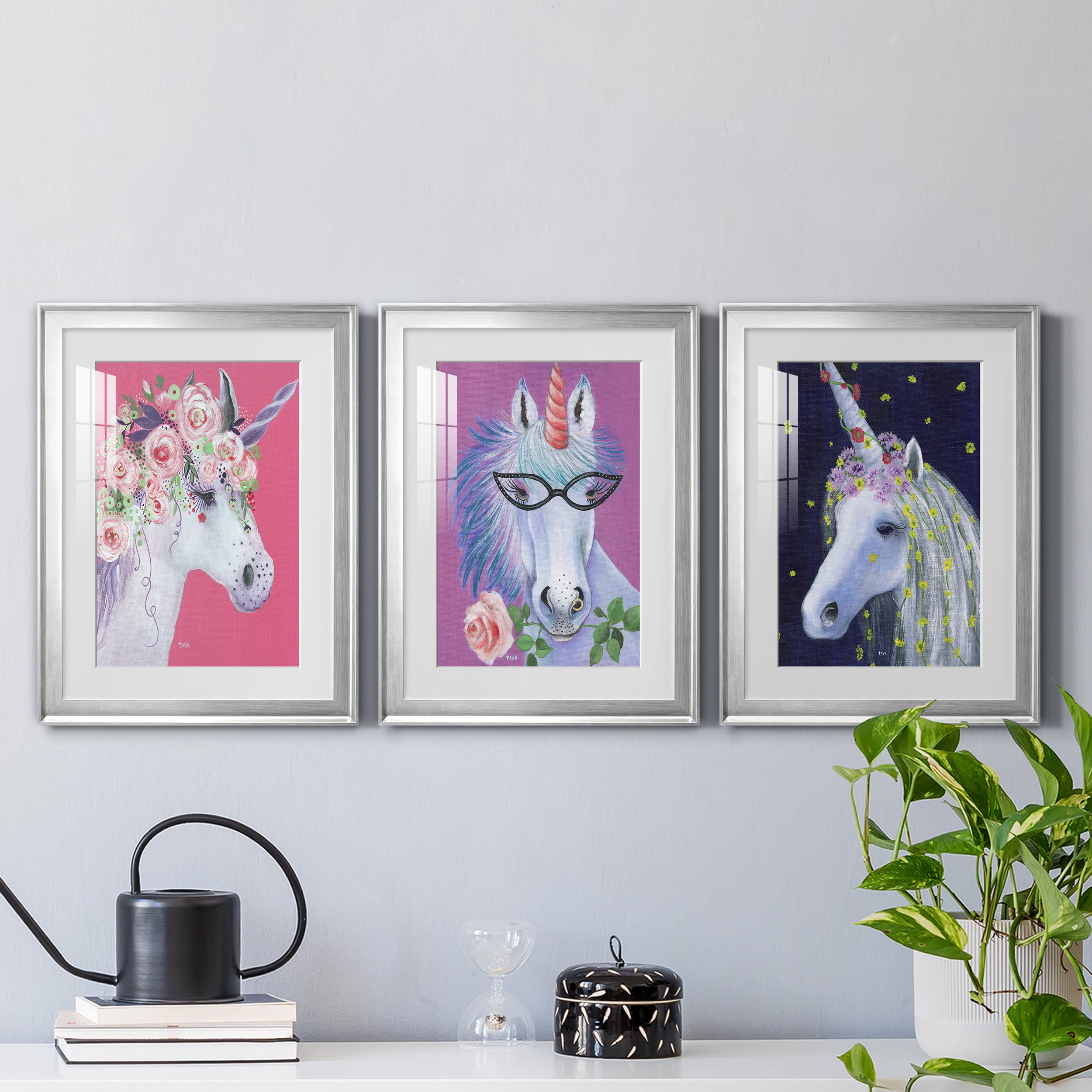 Unicorn II Premium Framed Prints Set of 3 - Ready to Hang - 18 x 24 Each - Silver Frame