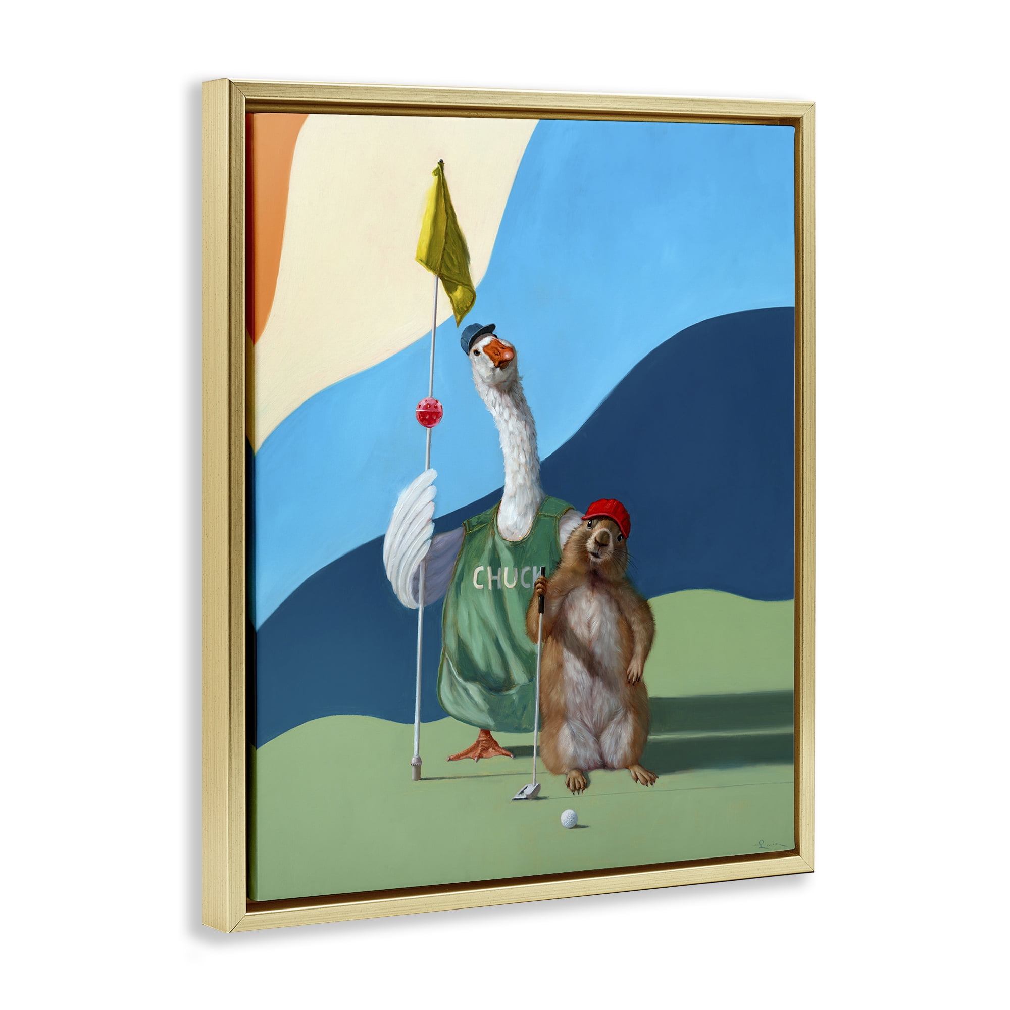 Stupell Industries Golfing Goose & Gopher Sports Painting Gold Floater Framed Canvas Art Print Wall Art, 25 x 31