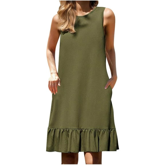 ZQUUVOU Women's Casaul Dress Round Neck Sleeveless Pleated Midi Dress Olive Green,S