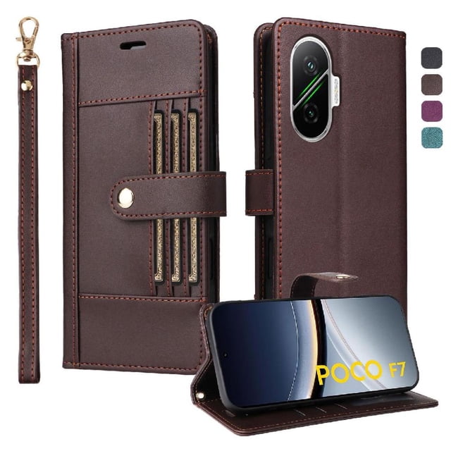 FOXDOCK Funda tipo Cartera para Xiaomi POCO F7 5G – Cubierta de Cuero PU con Múltiples Ranuras, Bolsillo para Efectivo y Correa de Muñeca