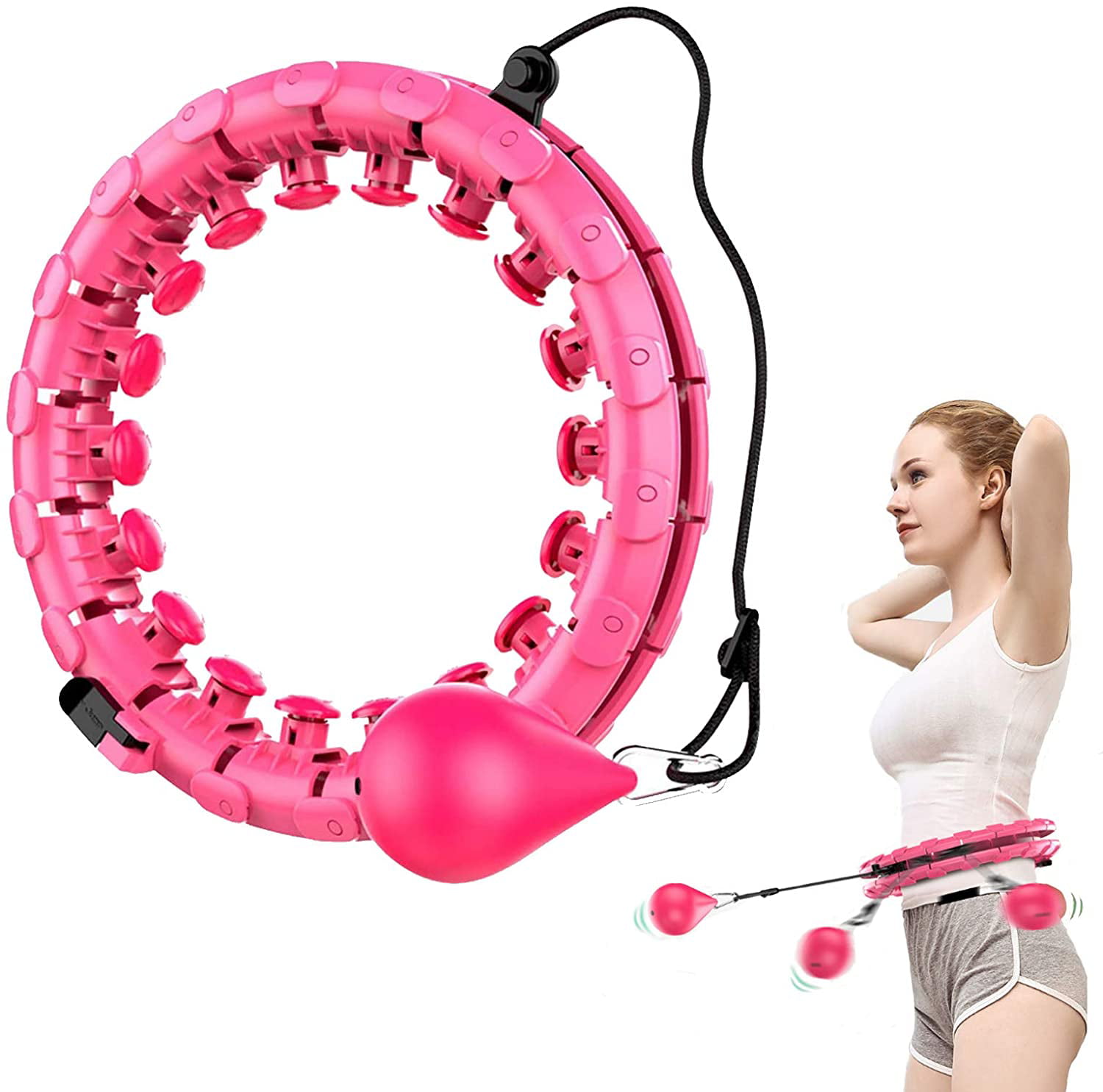 Weighted Smart Fitness Hoop for Adults & Kids Beginners Exercising 2 in 1 Abdomen Fitness Weight Loss Massage Non-Fall 360° Auto-Spinning 24 Detachable Knots Adjustable Size 