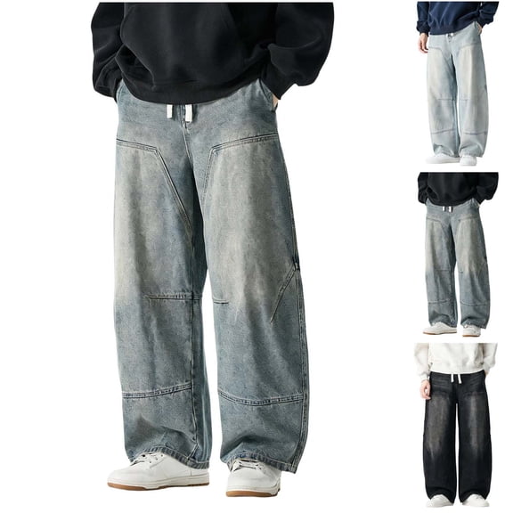 FRSASU Mens Baggy Hip Hop Jeans Wide Leg Elastic Waist Skater Denim Pants Casual Loose Long Trouser Vintage Streetwear Light Blue