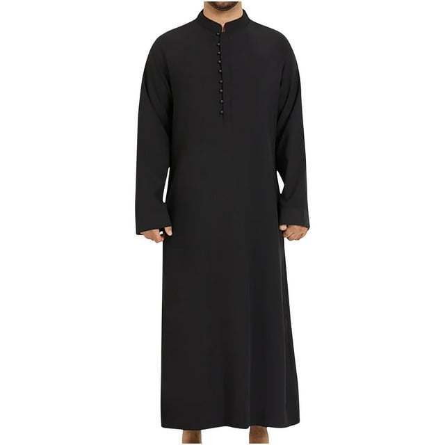 Weiqiqre Mens Casual Solid Ethnic Style Button Muslim Robe Long Sleeved Standing Neck Tops Comfortable Fit, Perfect Gift Idea