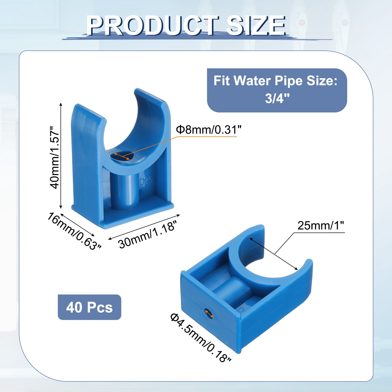 40Pcs Water Pipe Clamps Clips, U-Shaped Water Pipe Buckles Pipe Tubing Clamps for 1" OD TV Trays Pipe Tubing Hose Hanger Support Tubing, Blue
