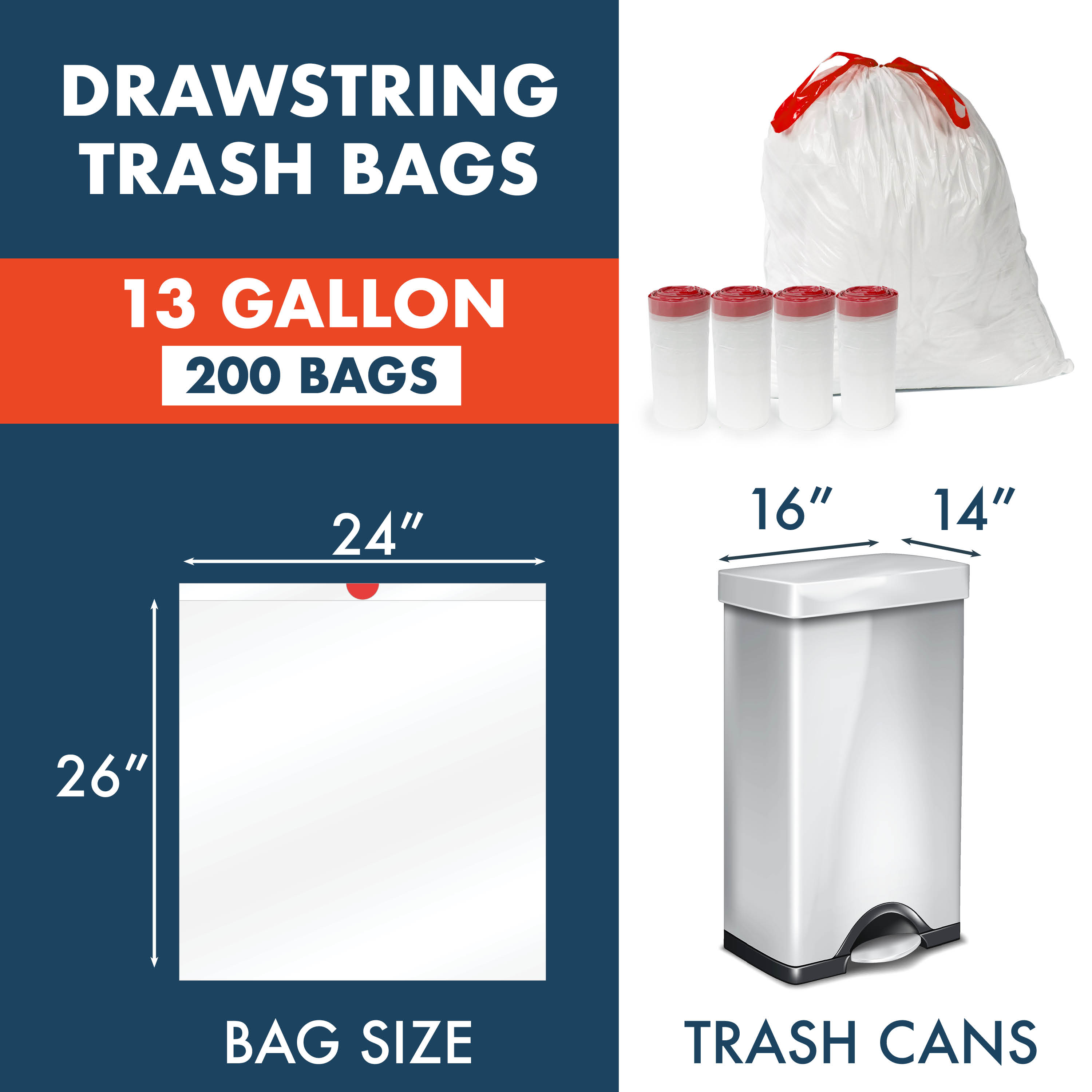 Made Here Co. Leakproof 13-Gallon Drawstring Office Household Wastebasket Liners, 200 Bags