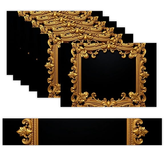 7 Piece Linen Table Runner and Placemats Set, Gold Ornate Frame Round Corner Heat Resistant Washable Table Mats for Home Kitchen Dining Party Decoration