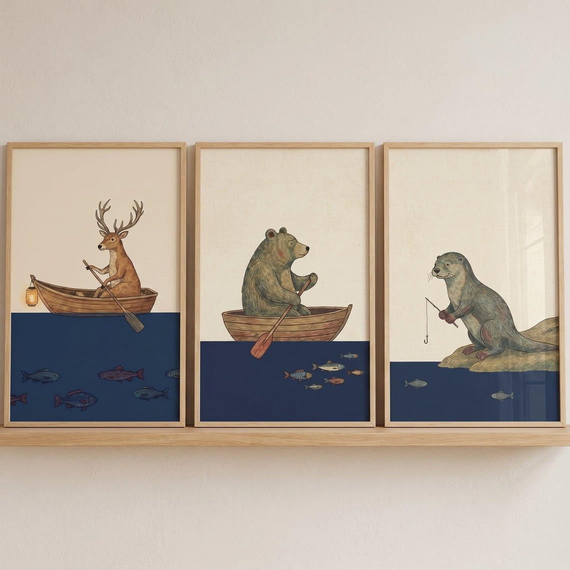 Set Of 3 Vintage Fishing Woodland Animals Nursery Wall Art Prints Bear Deer Otter Forest Rustic Cabin Lake House Nursery And Home Decor