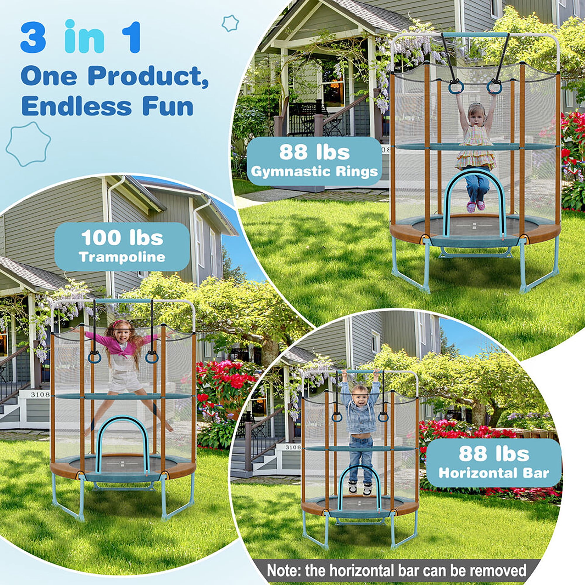 Gymax 60'' Trampoline for Kids w/ Gymnastic Bar Rings Foamed Handle No Gap Design Blue & Orange