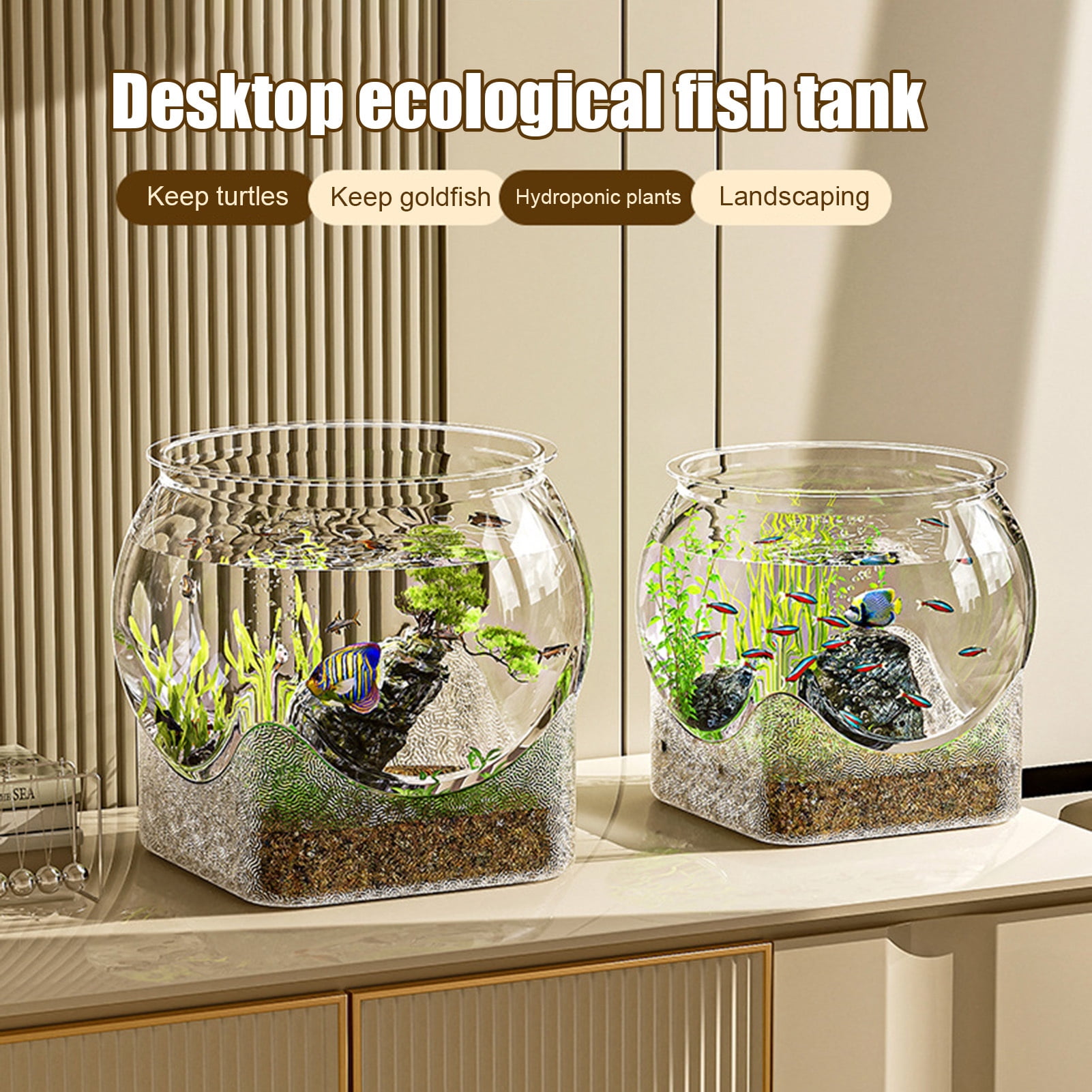 Koiauber Clear Fish Bowl for Betta Fish Golden Fish Turtle Plastic Betta Fish Tank Desktop Round PET Aquarium